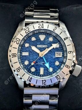 Blue Seiko Honeycomb Dial Automatic GMT Diver's Mod Watch 42mm 24jewels